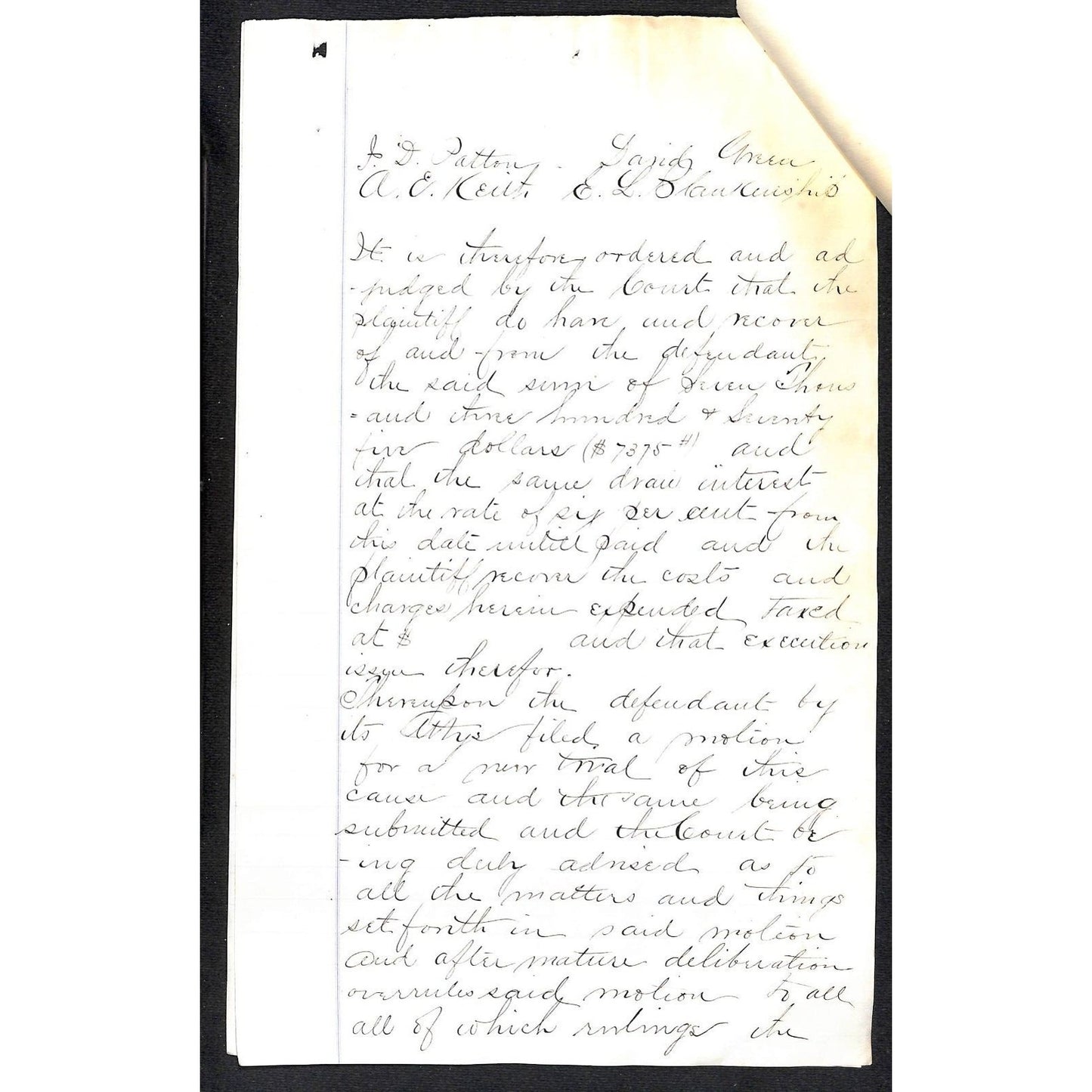 1873 3pp ALS Lawsuit / Legal Document vs CRI&P RR Jury Finds $7375 for Plaintiff
