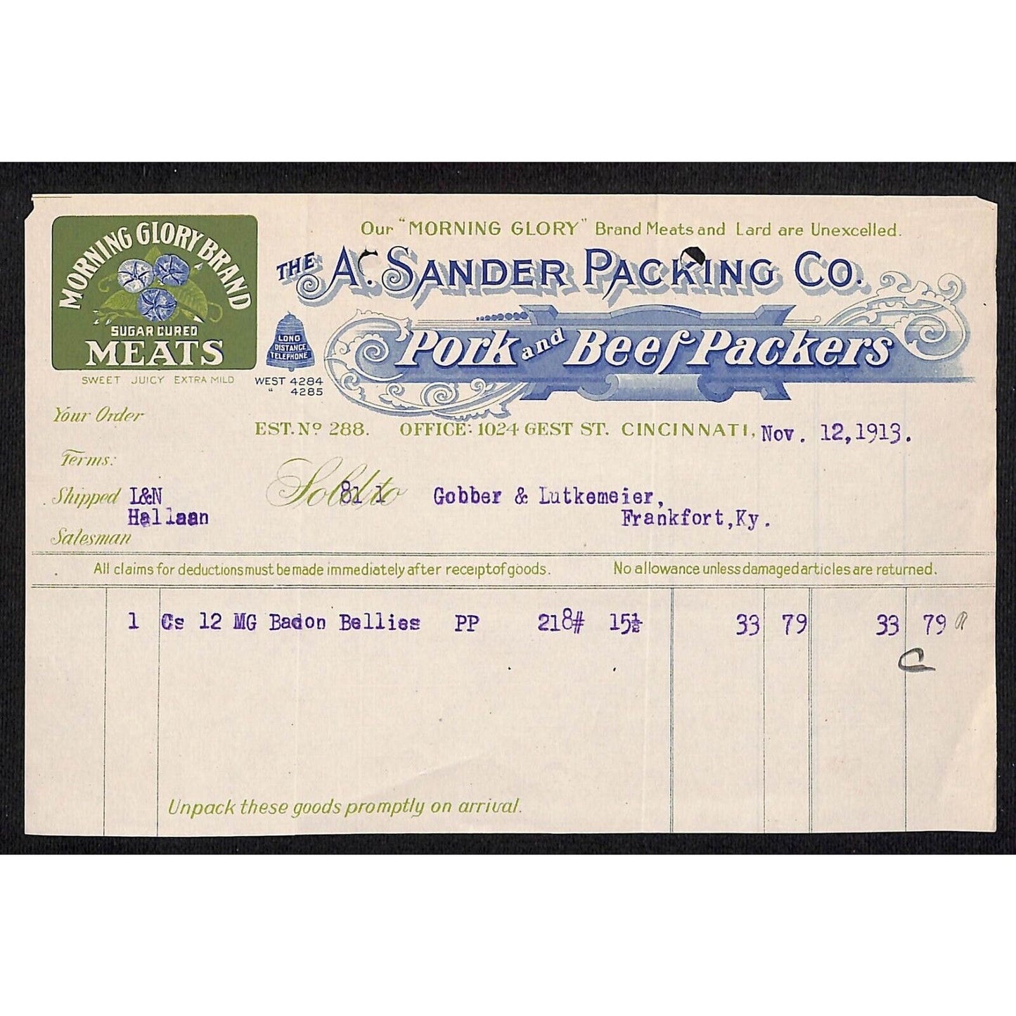 1913 A. Sandler Packing Co. Pork Beef Cincinnati "Morning Glory Brand" Billhead