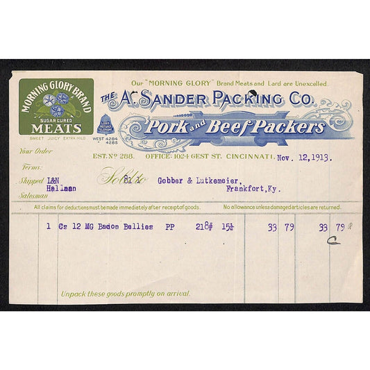 1913 A. Sandler Packing Co. Pork Beef Cincinnati "Morning Glory Brand" Billhead