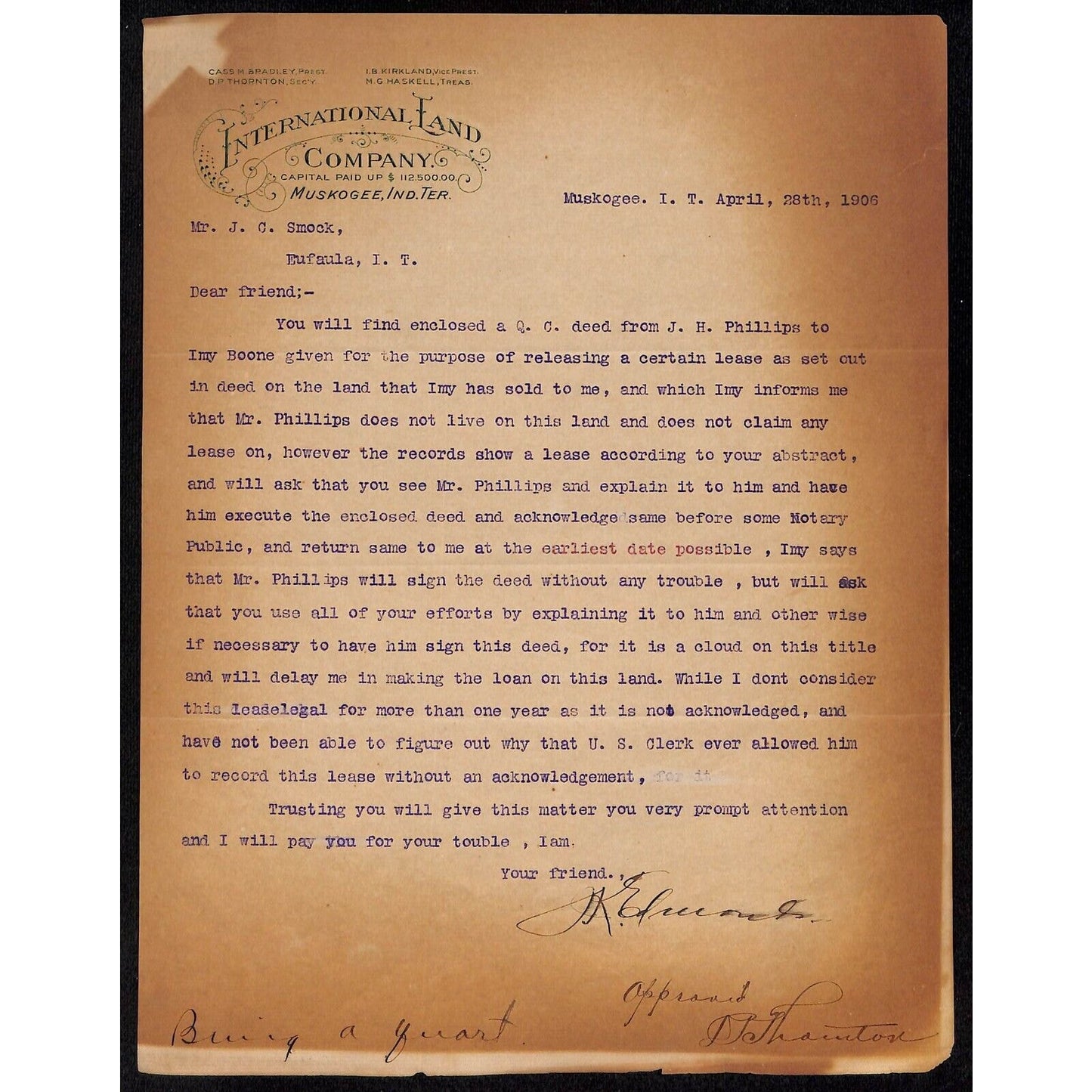 International Land Company 1906 Muskogee Indian Territory, OK TLS Letterhead