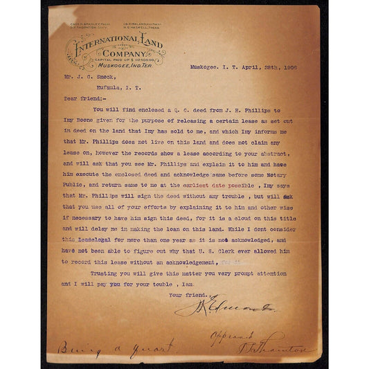 International Land Company 1906 Muskogee Indian Territory, OK TLS Letterhead