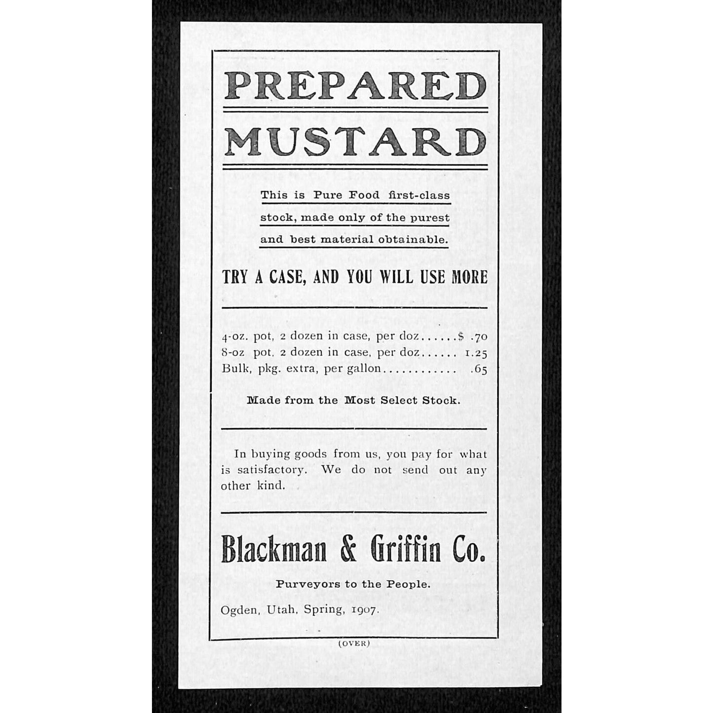Ogden, UT Blackman & Griffin Co. Prepared Mustards Figs Dates 1907 Insert VGC
