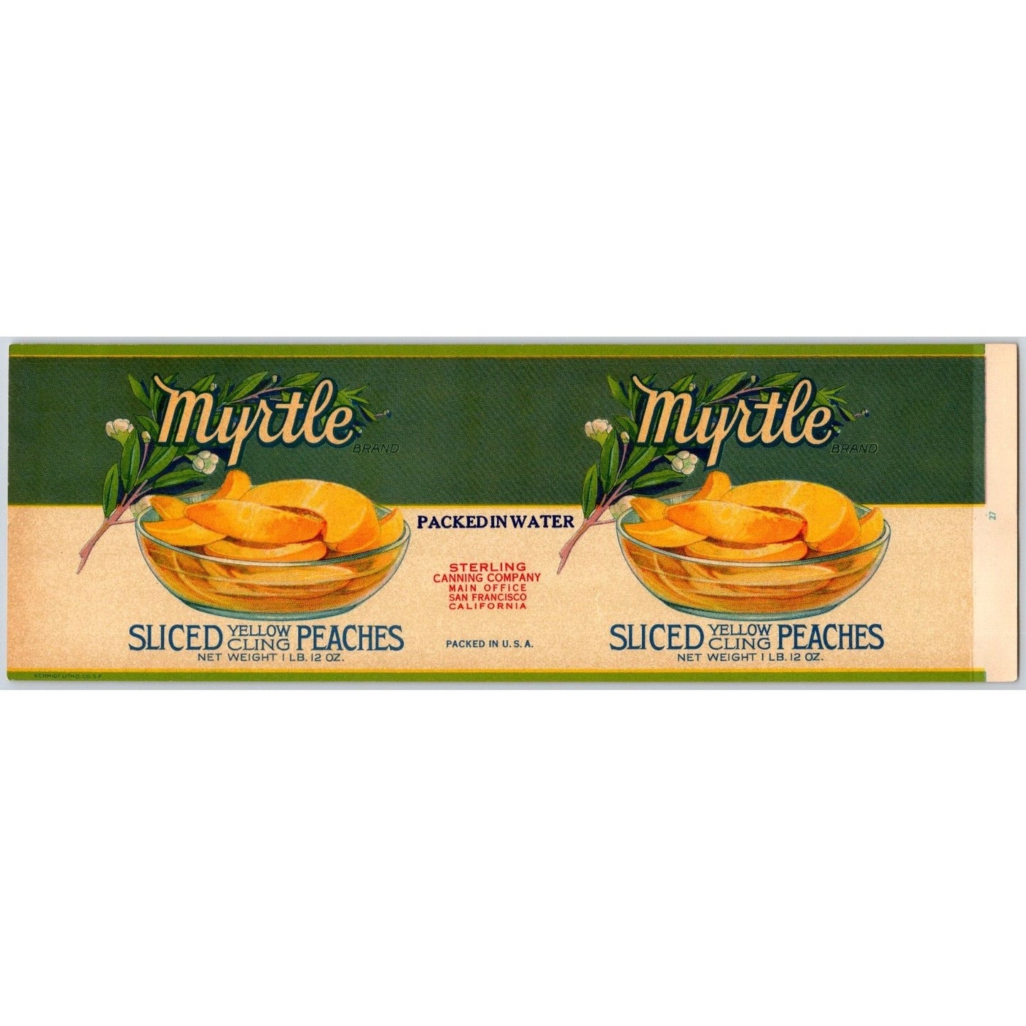 Sliced Yellow Cling Peaches "Water" Myrtle Brand Paper Can Label c1930's