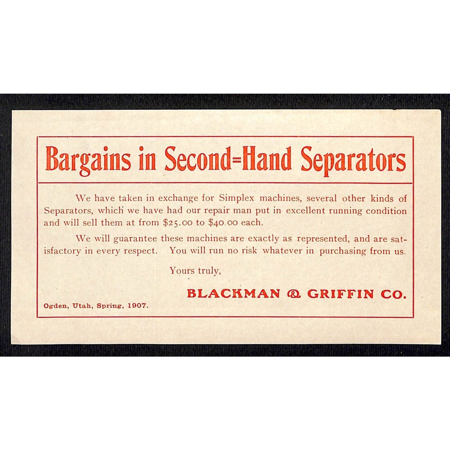 Ogden, UT Blackman & Griffin Co. Simplex / Hand Separators 1907 Insert VGC