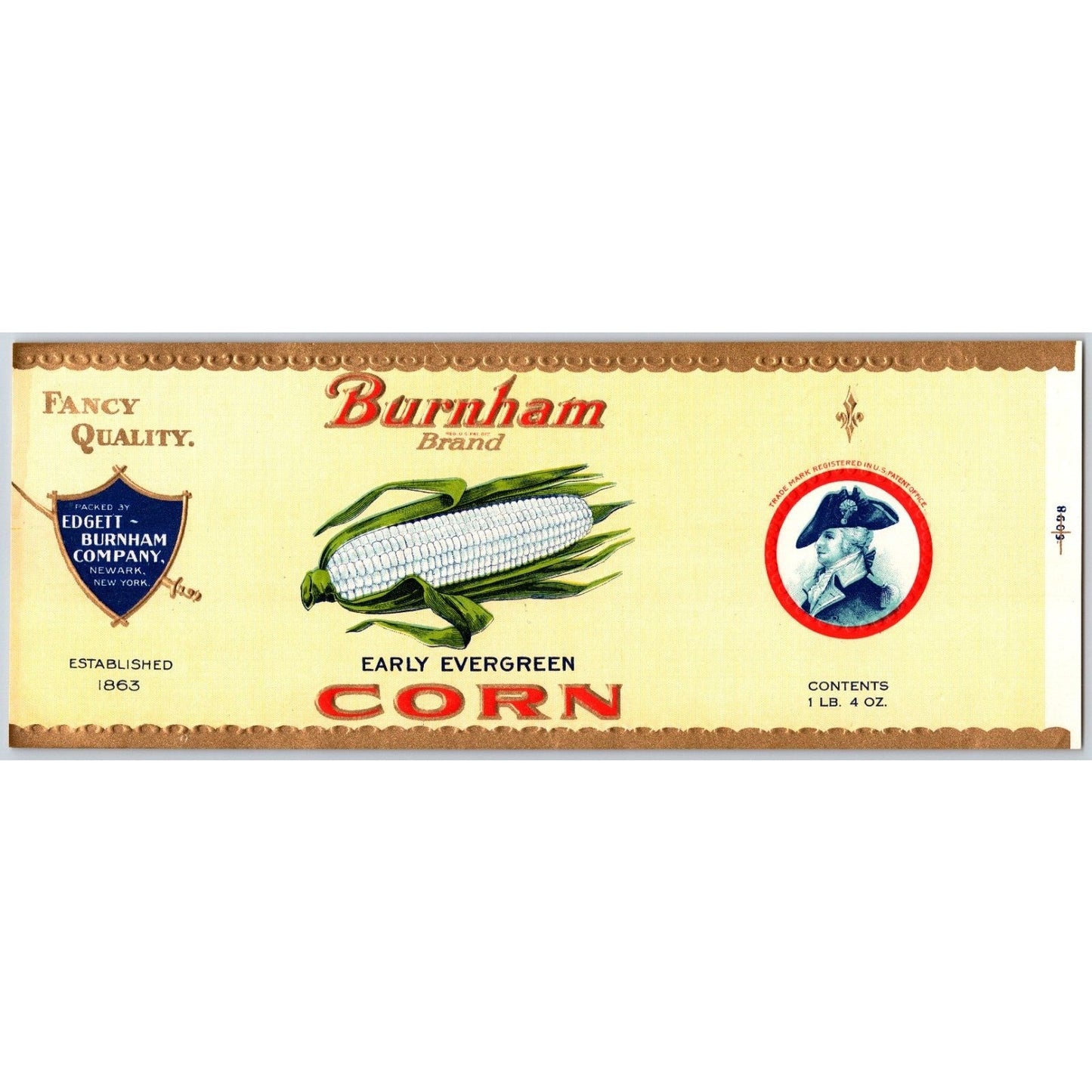 Early Evergreen Corn Burnham Brand Edgett Newark Paper Can Label c1940's NOS VGC