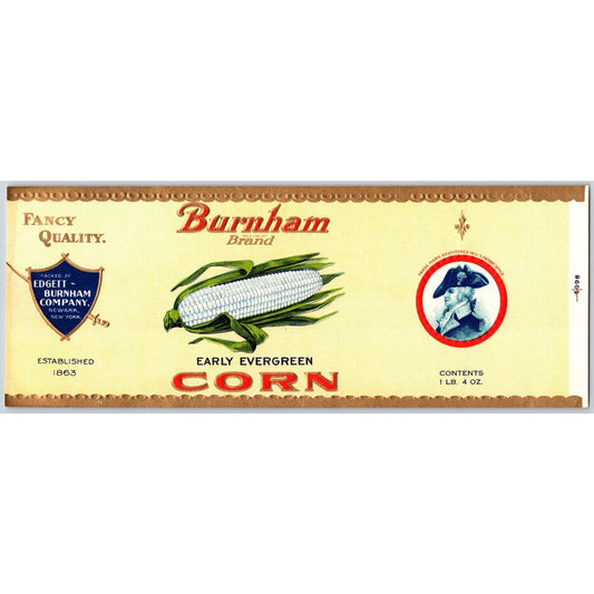 Early Evergreen Corn Burnham Brand Edgett Newark Paper Can Label c1940's NOS VGC