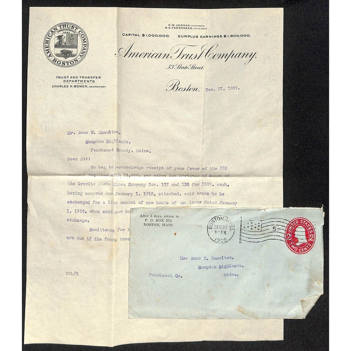 Boston, MA American Trust Company 1909 Letterhead re: Bonds & Cover Knowlton*
