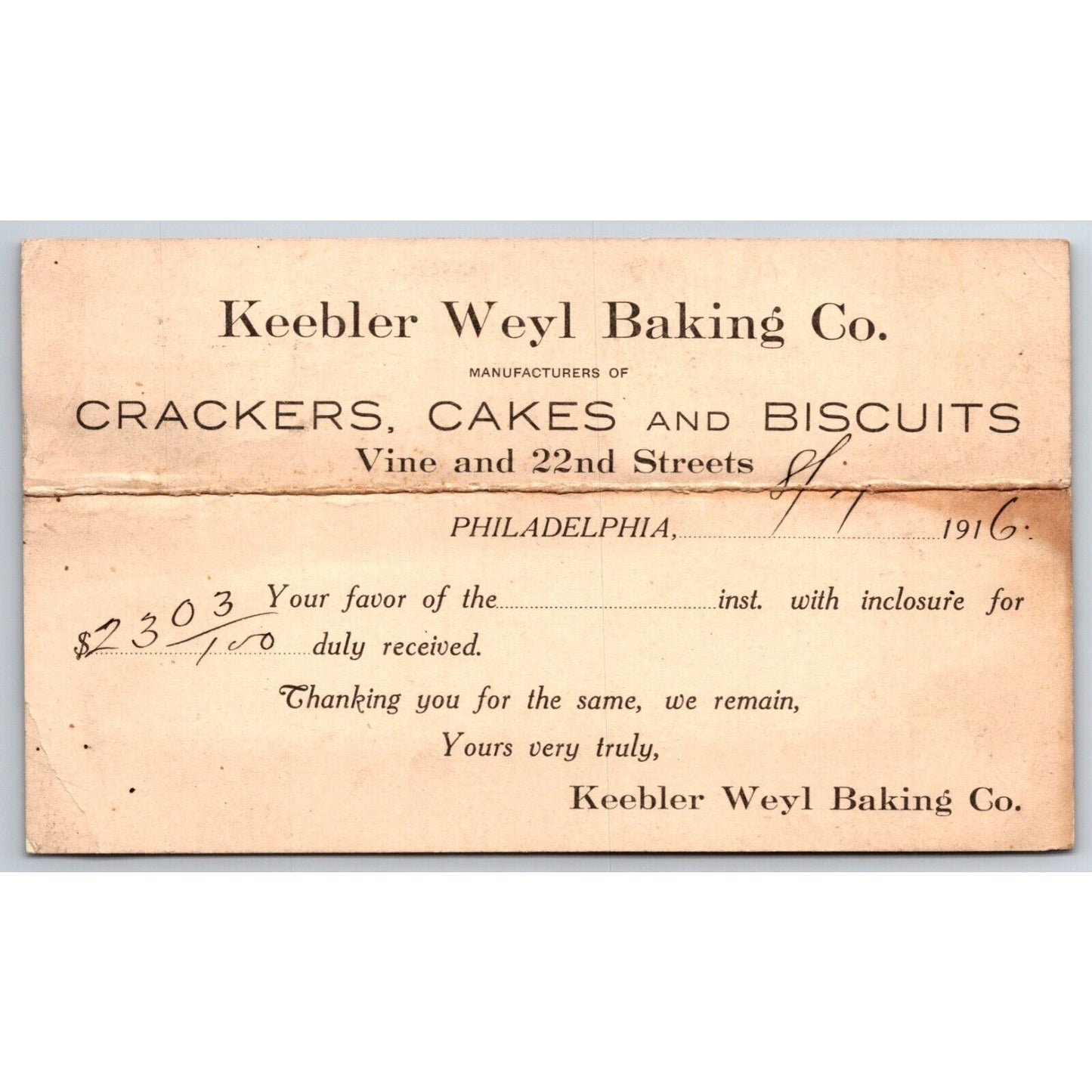 Keebler Weyl Baking Co. Philadelphia 1916 Payment Receipt Postcard