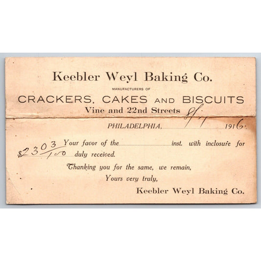 Keebler Weyl Baking Co. Philadelphia 1916 Payment Receipt Postcard