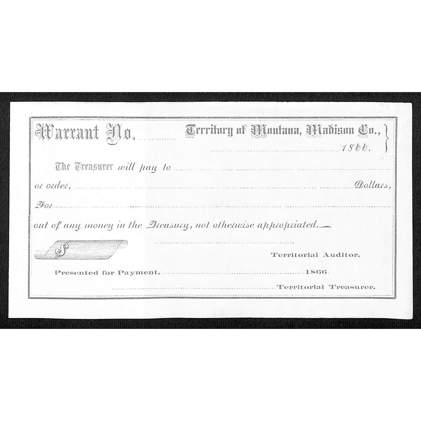 1866 Territory of Montana, Madison County Unused Warrant w/ Reg. Stub VGC