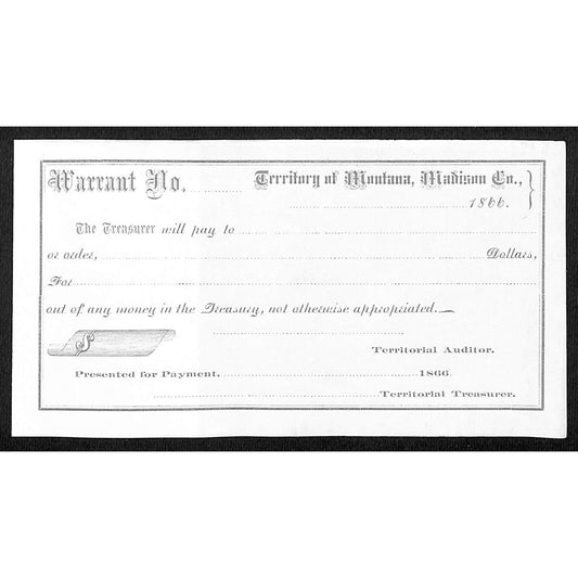 1866 Territory of Montana, Madison County Unused Warrant w/ Reg. Stub VGC