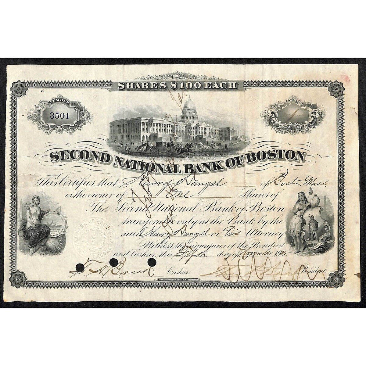 Second National Bank of Boston 1910 Stock Certificate to Harry Dangle