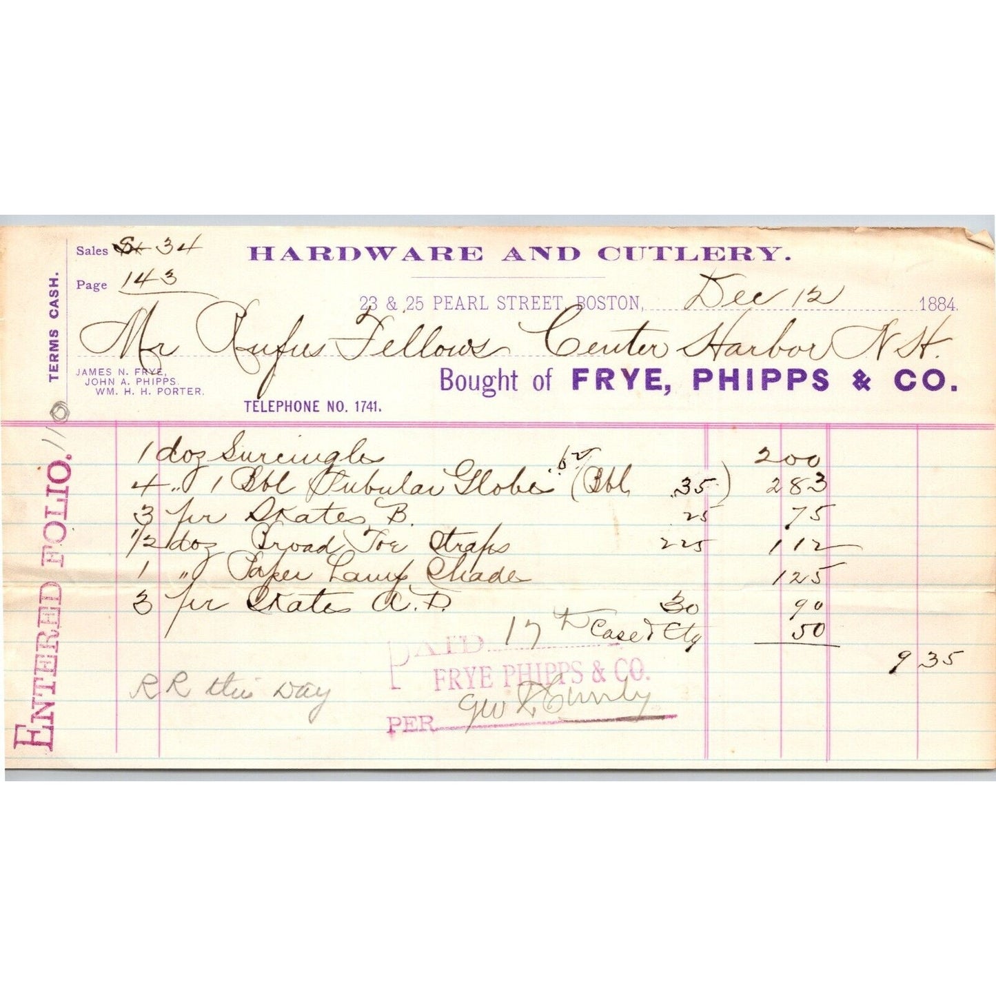 Frye, Phipps & Co. Hardware and Cutlery Boston 1884 Billhead Rufus Fellows VGC