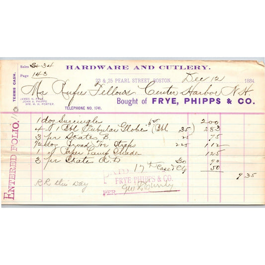 Frye, Phipps & Co. Hardware and Cutlery Boston 1884 Billhead Rufus Fellows VGC