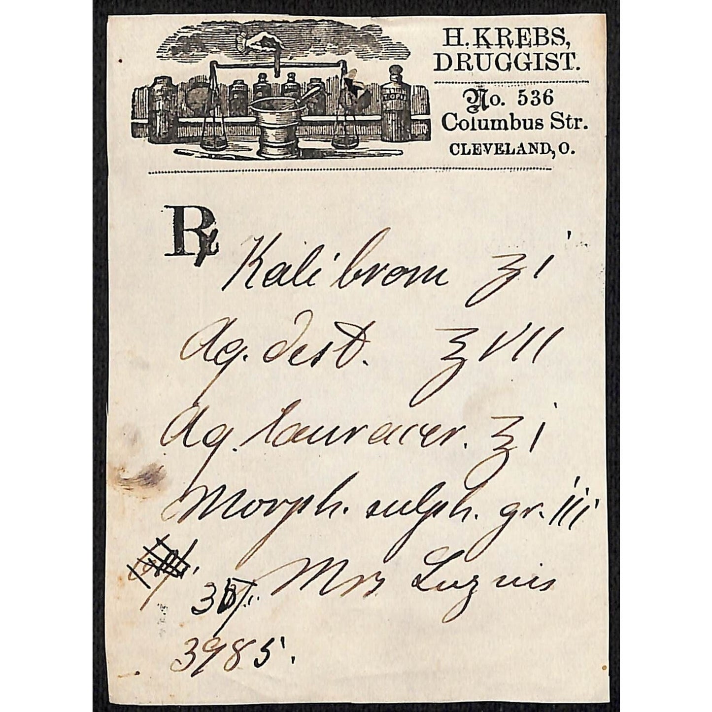 H. Krebs, Druggist Columbus St. Cleveland c1870's* Prescription #3985