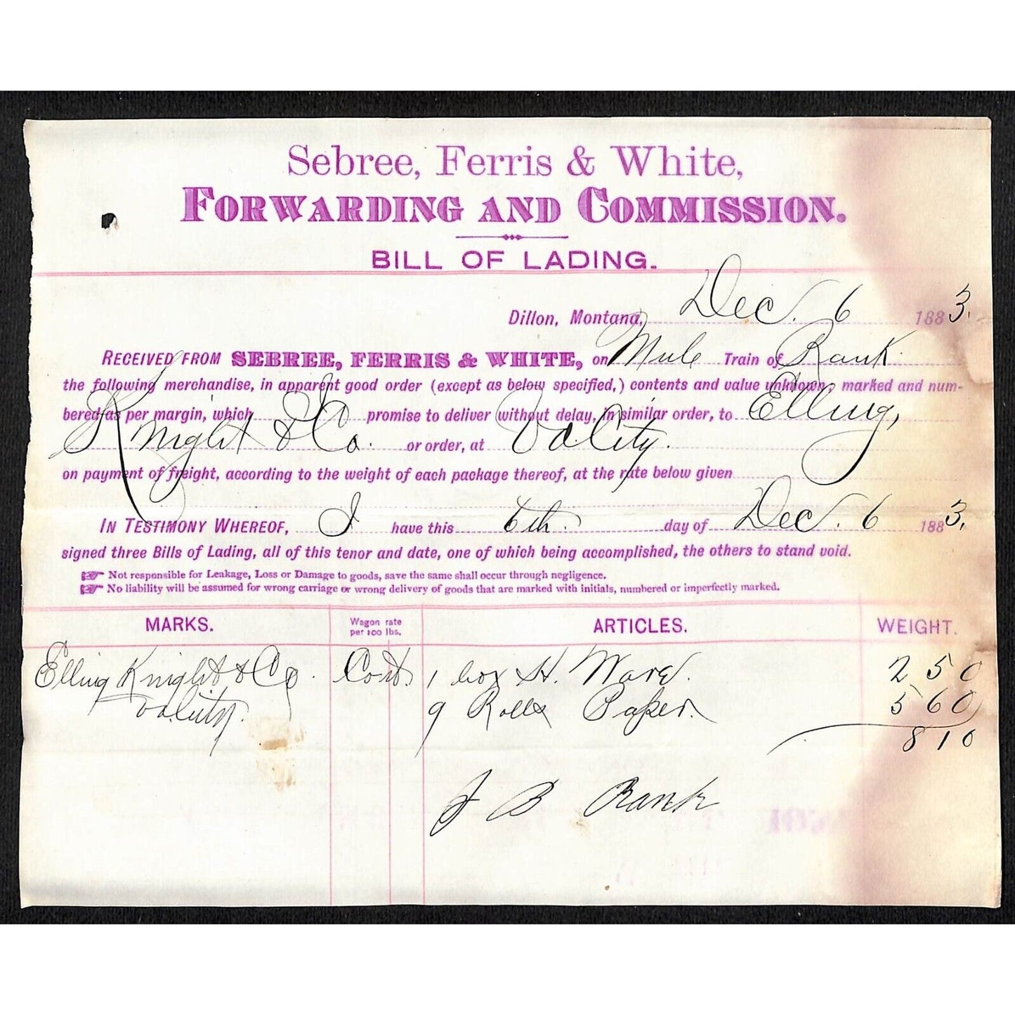 1883 Bill of Lading Sebree, Ferris & White Henry Elling* 9 Rolls Paper