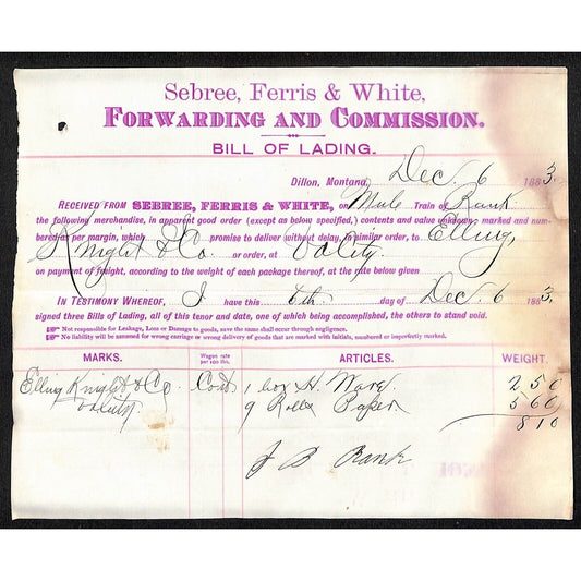 1883 Bill of Lading Sebree, Ferris & White Henry Elling* 9 Rolls Paper