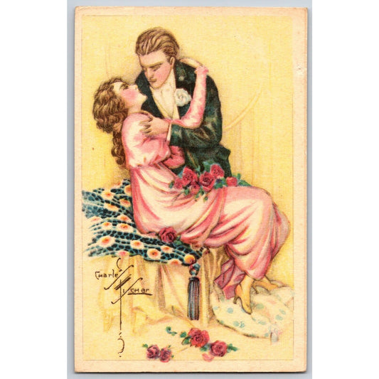 Art Nouveau Postcard Romantic Couple Kissing Signed Charles Fisher