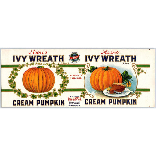 Moore's Ivy Wreath Cream Pumpkin Paper Can Label c1920's-34* Scarce