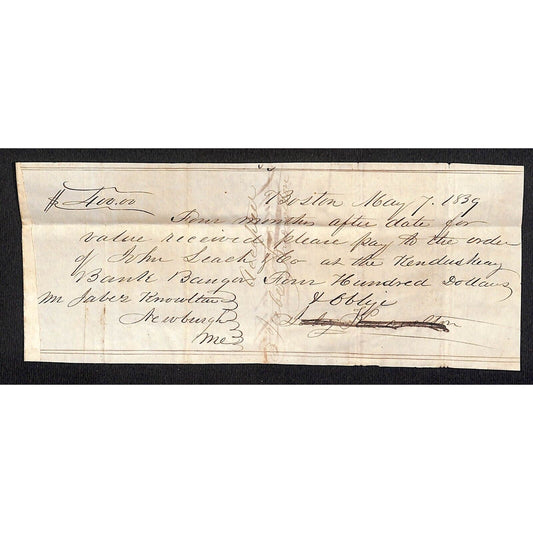 1839 Jabez Knowlton* Newburgh, ME "Kenduskeag Bank of Bangor" Promissory Note