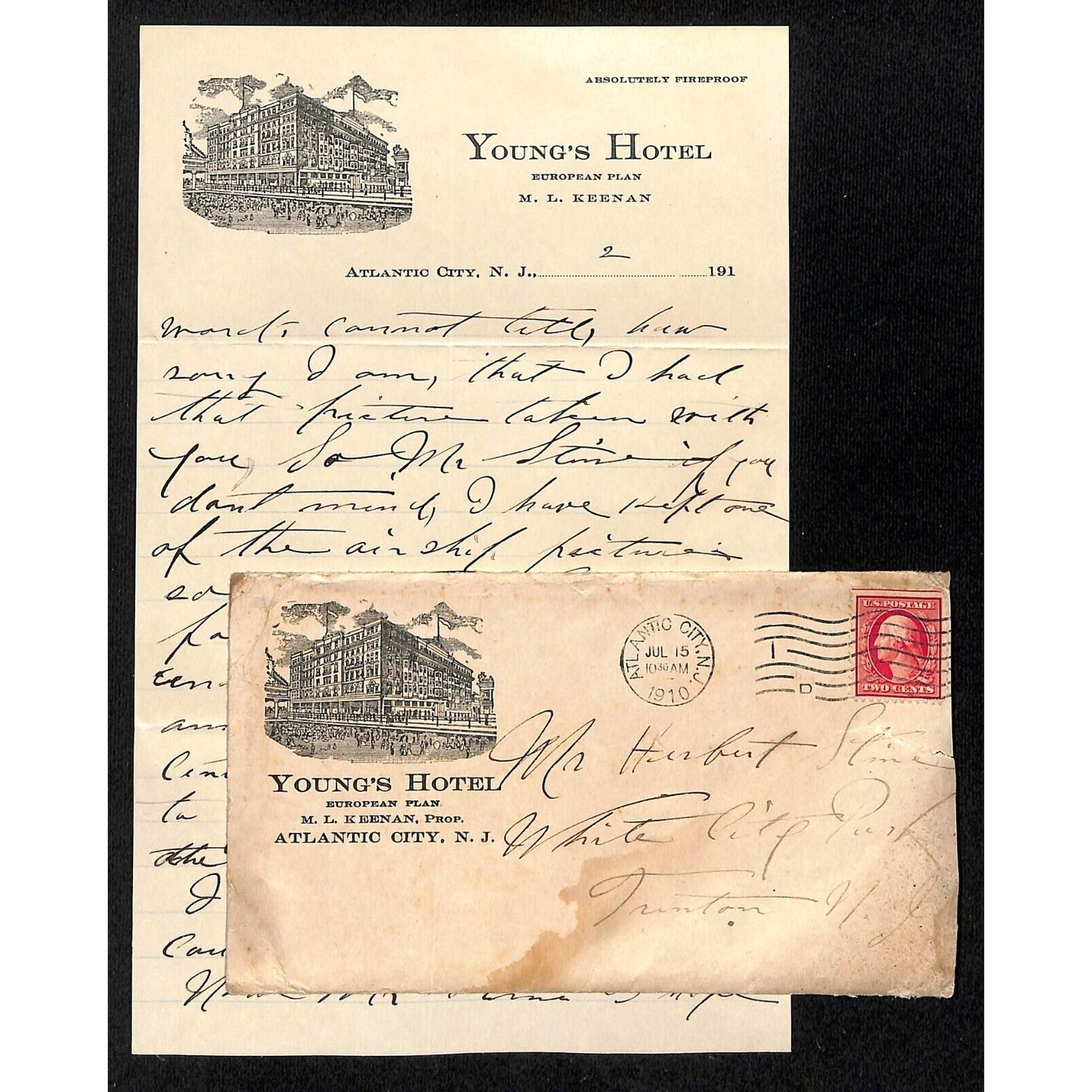 1910 Young's Hotel Atlantic City, NJ Page 1 Correspondence Vignette Cover Scarce