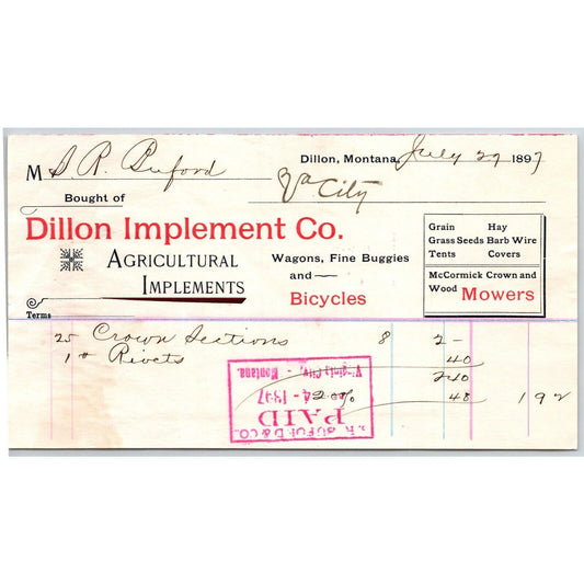 Dillon MT Dillon Implement Jul 1897 Bicycles Billhead S.R. Buford* Virginia City