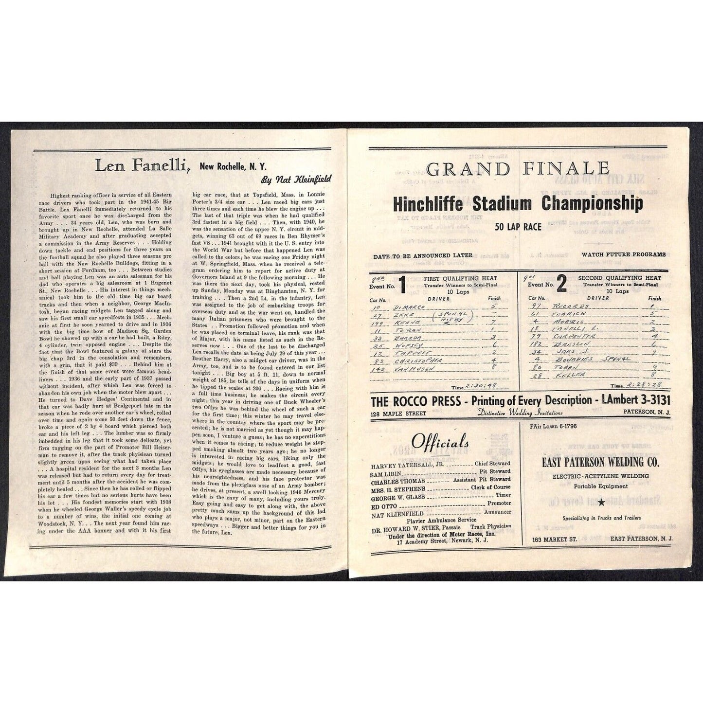 Hinchliffe Stadium Midget Auto Races 10/1/1946 Program Len Fanelli 4pp Scarce
