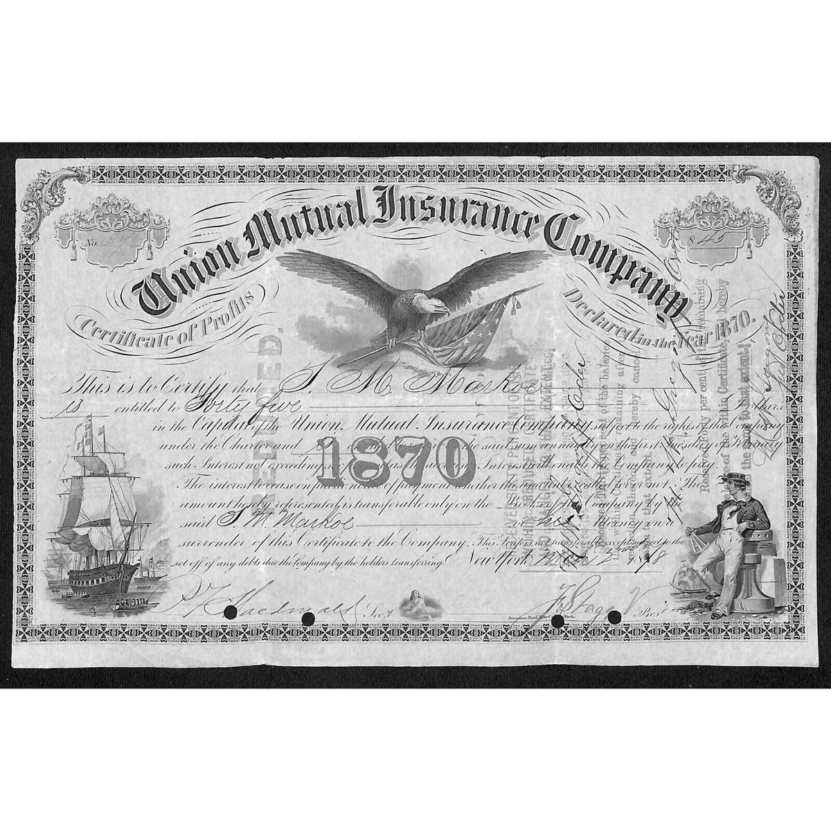Union Mutual Insurance NY 1870 "Certificate of Profits" to T.M. Markoe