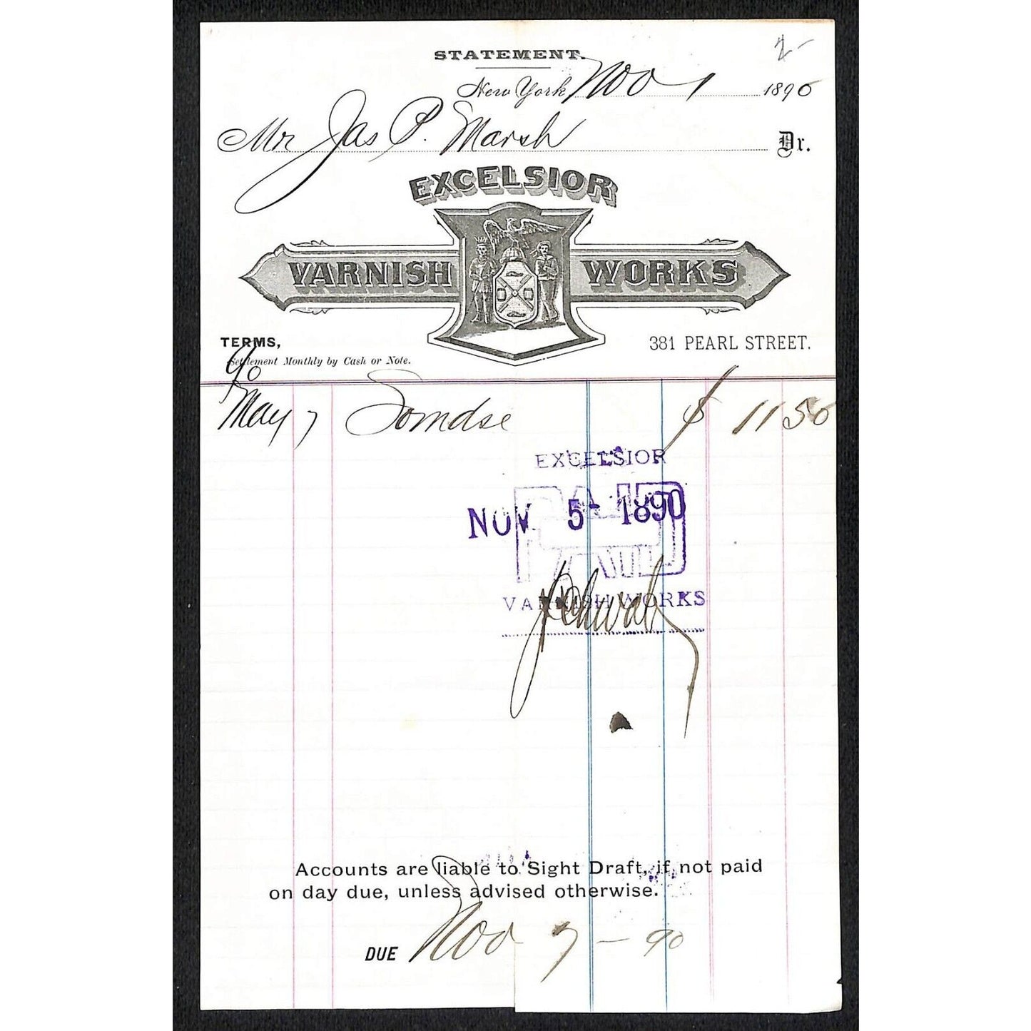 Excelsior Varnish Works Pearl St. NYC 1890 Statement / Billhead Scarce