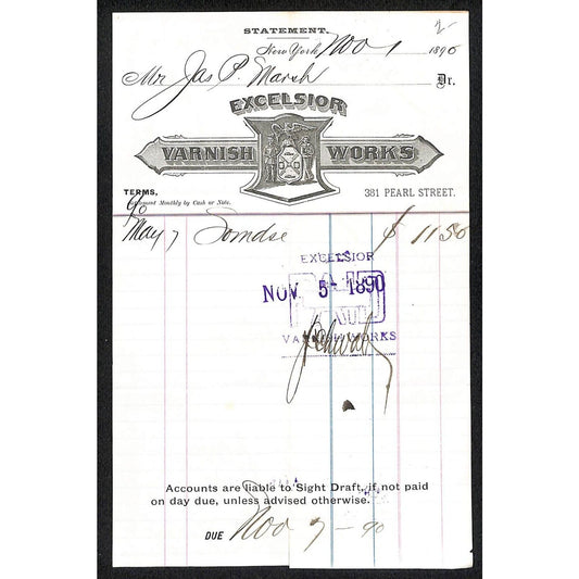 Excelsior Varnish Works Pearl St. NYC 1890 Statement / Billhead Scarce
