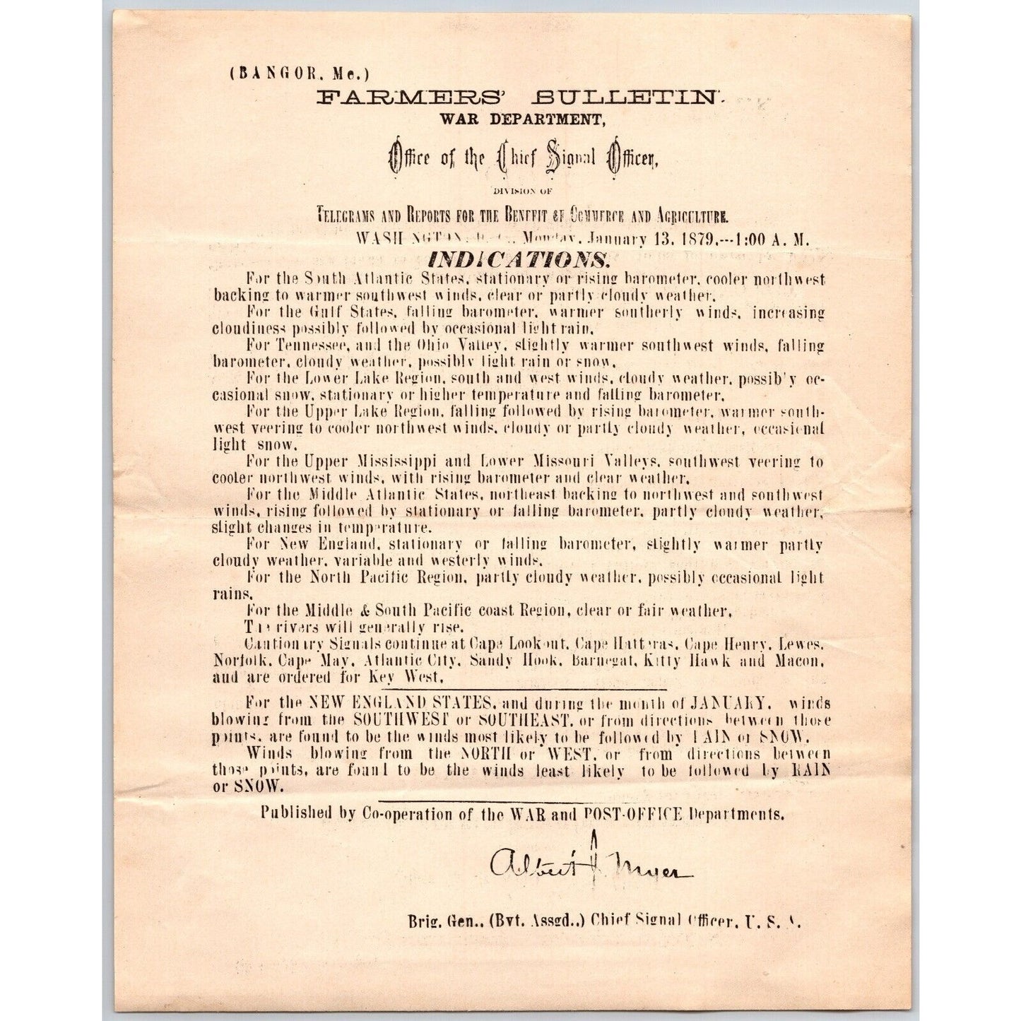 Bangor, ME Chief Signal Office, War Department Farmers' Bulletin Jan. 13, 1879