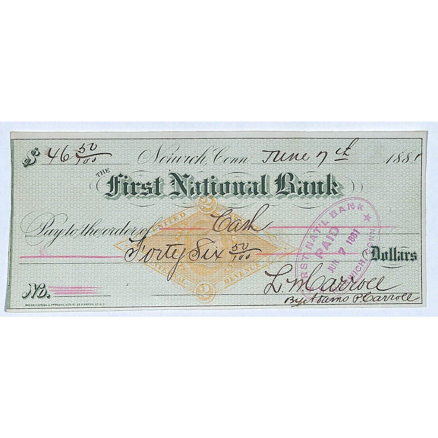 First National Bank Norwich, CT 1881 Bank Check w/ Rev Stamp #1881