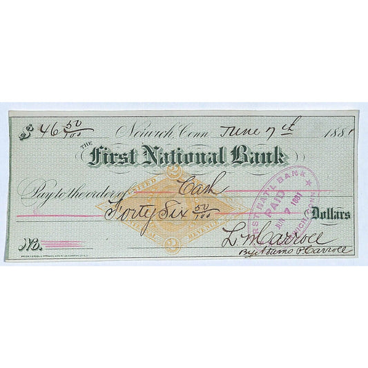 First National Bank Norwich, CT 1881 Bank Check w/ Rev Stamp #1881