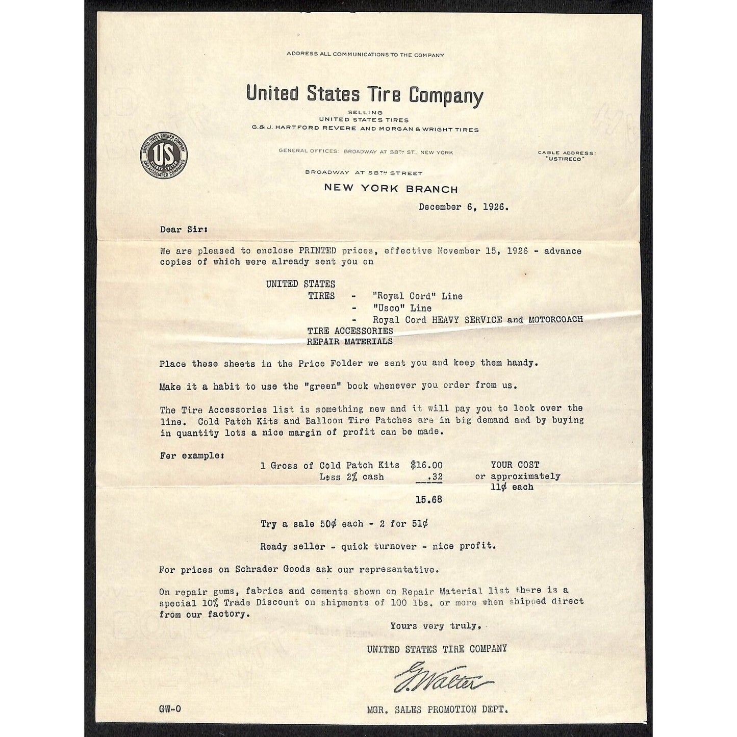 United States Tire Co. Morgan & Wright Broadway NYC 1926 Letterhead