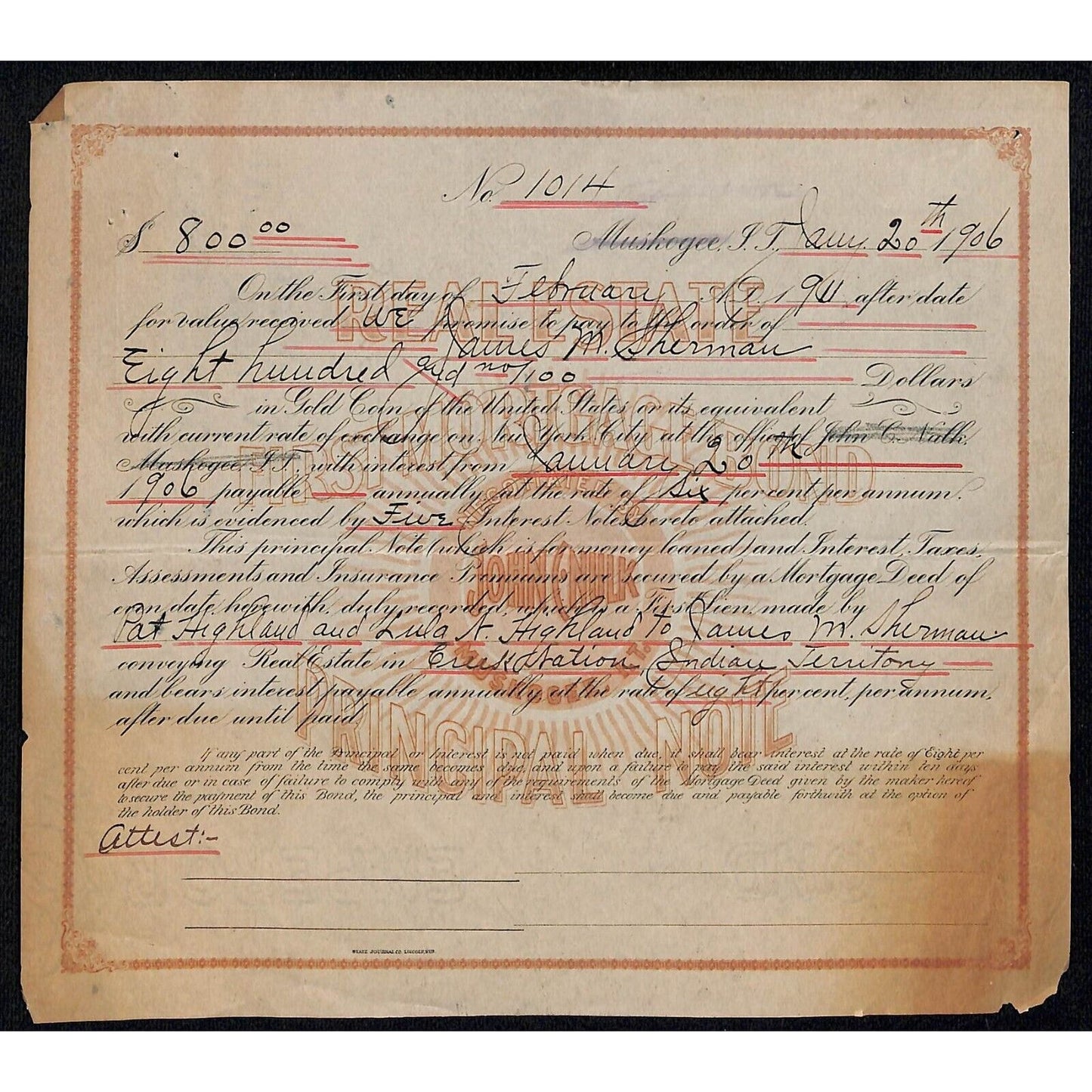 1906 Real Estate First Mortgage Pat Highland Creek Nation Indian Territory OK
