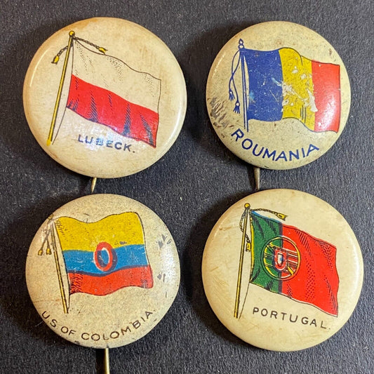 4 Sweet Caporal Litho Country Pinbacks Roumania Lubeck Portugal U.S. of Columbia