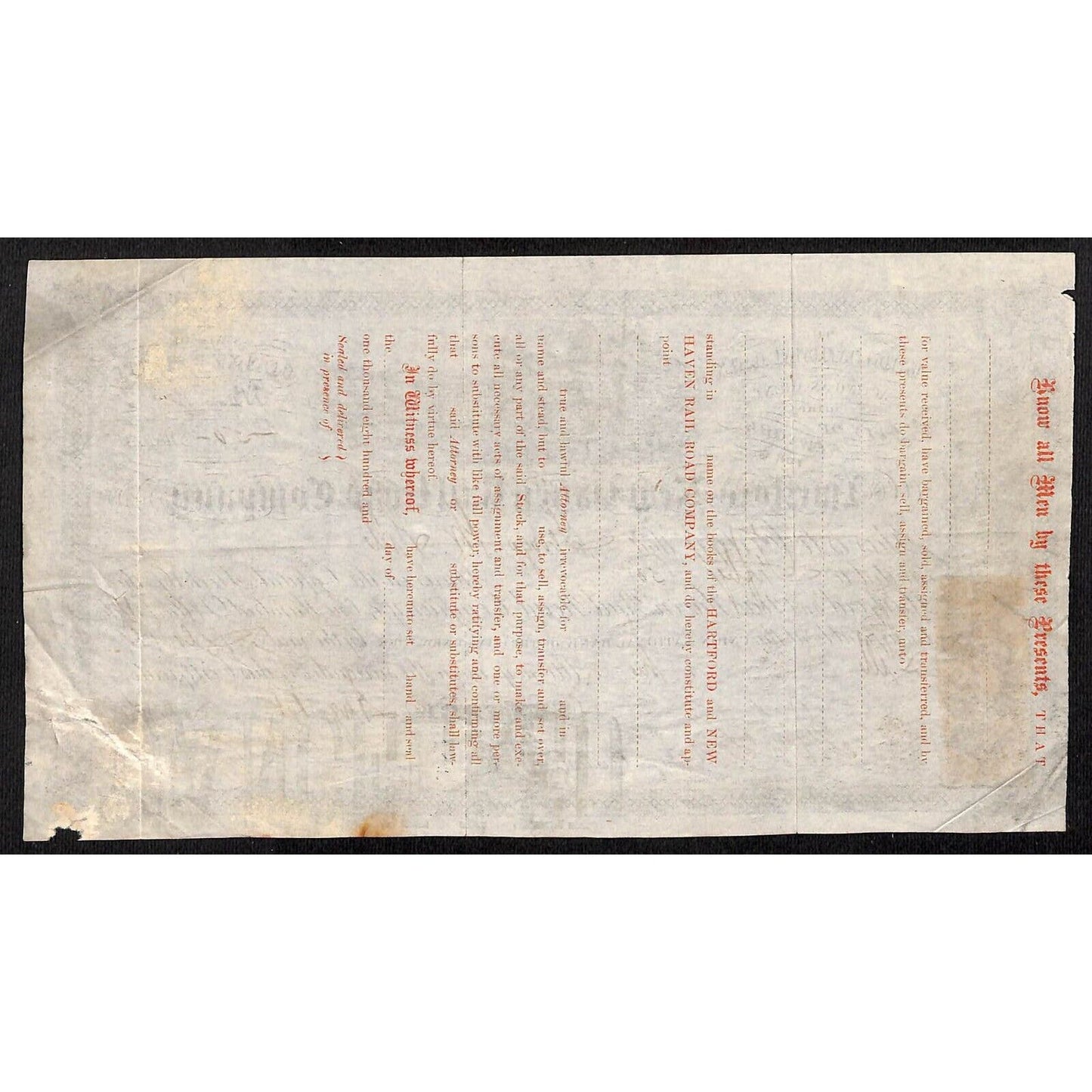 Hartford and New Haven Railroad 1872 Stock Certificate to: "George M. Gill"