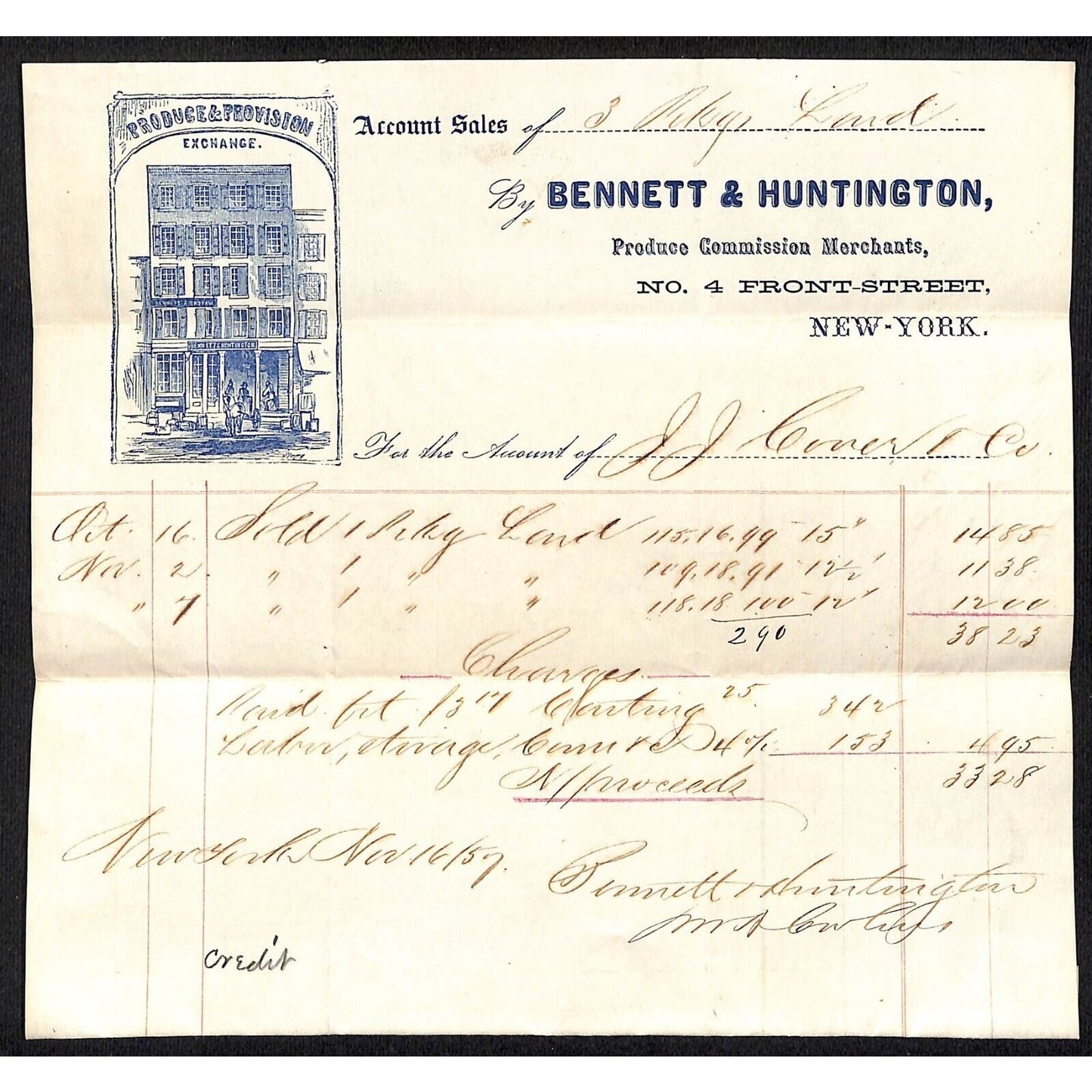 Bennett & Huntington NYC 1857 J.J. Cover, Johnsville, OH Nov. Statement Billhead