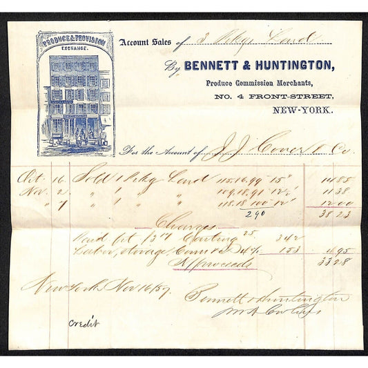 Bennett & Huntington NYC 1857 J.J. Cover, Johnsville, OH Nov. Statement Billhead