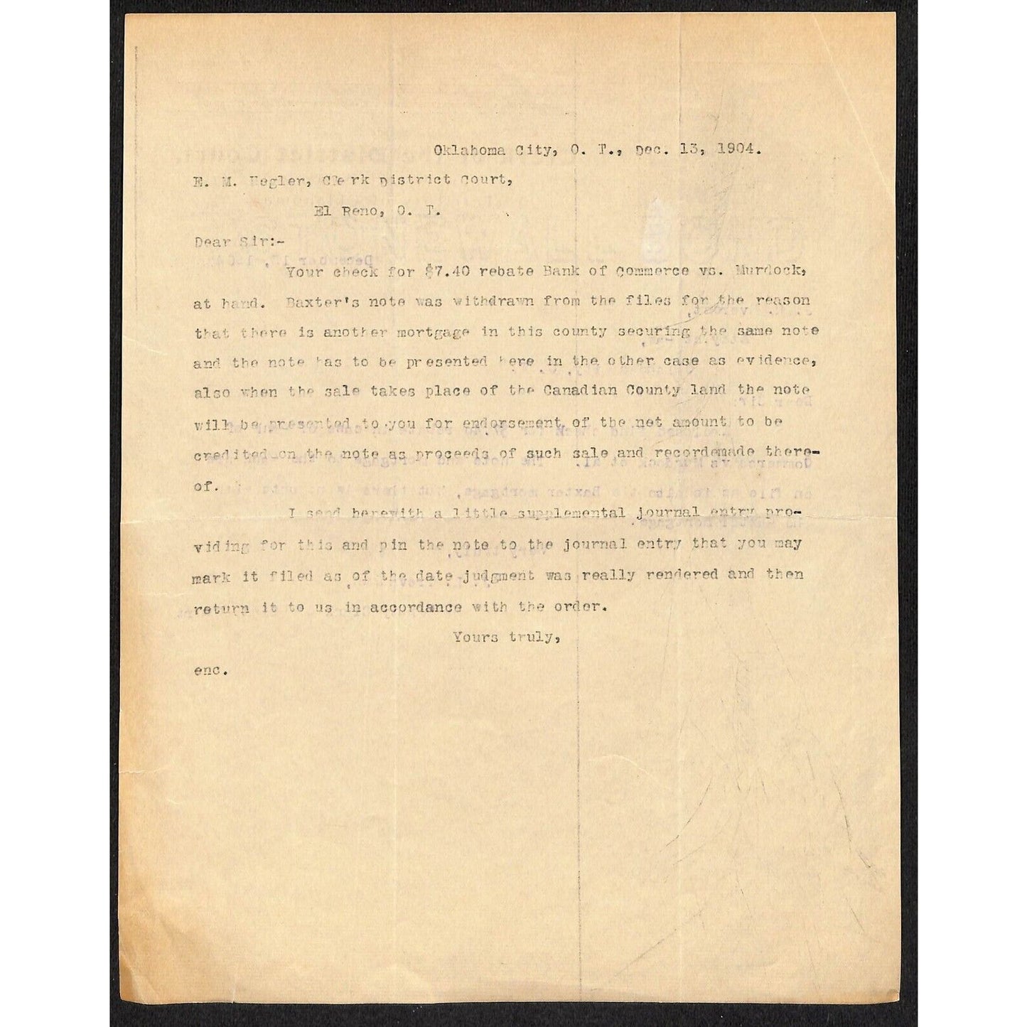 1904 Clerk of the District Court El Reno, OK Indian Territory Letterhead