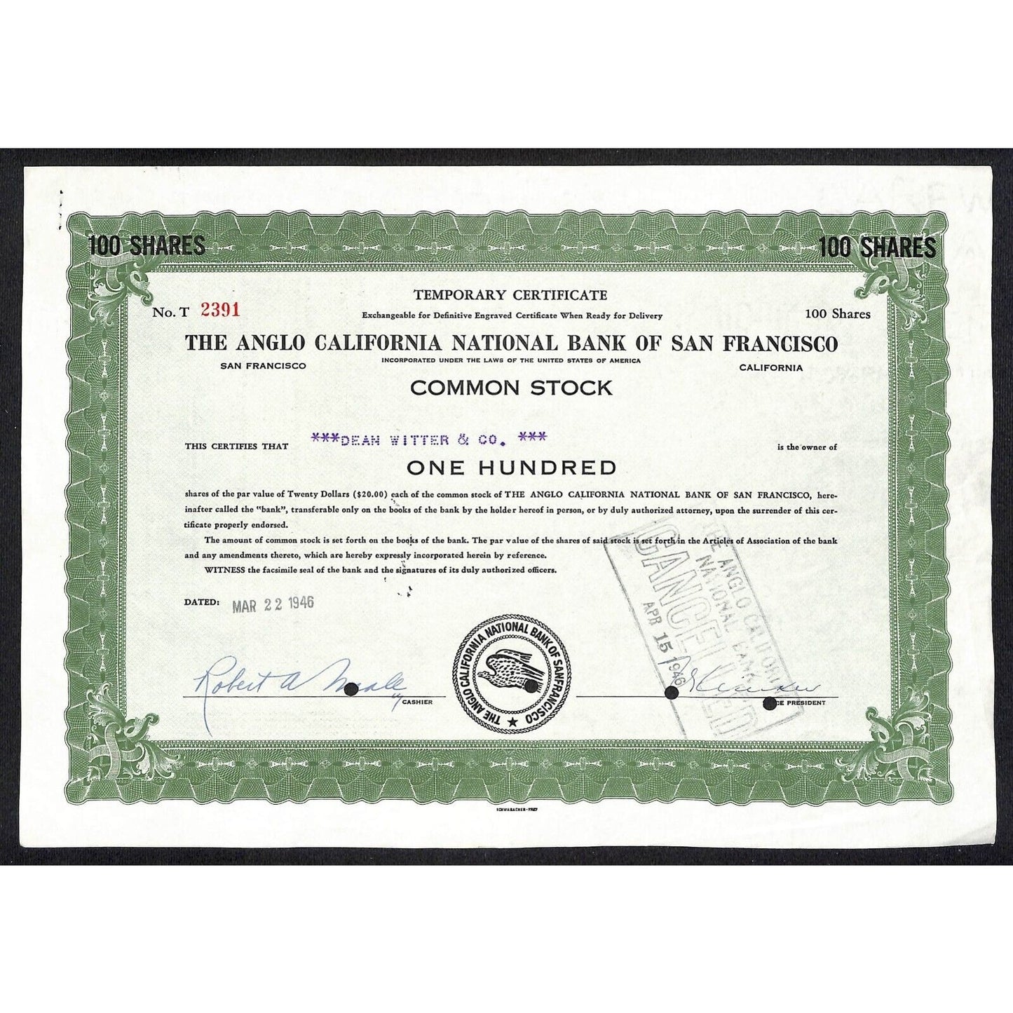 Angelo California National Bank San Francisco 1946 Temp. Stock Certificate #2391