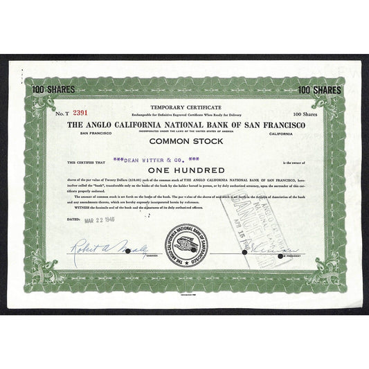 Angelo California National Bank San Francisco 1946 Temp. Stock Certificate #2391