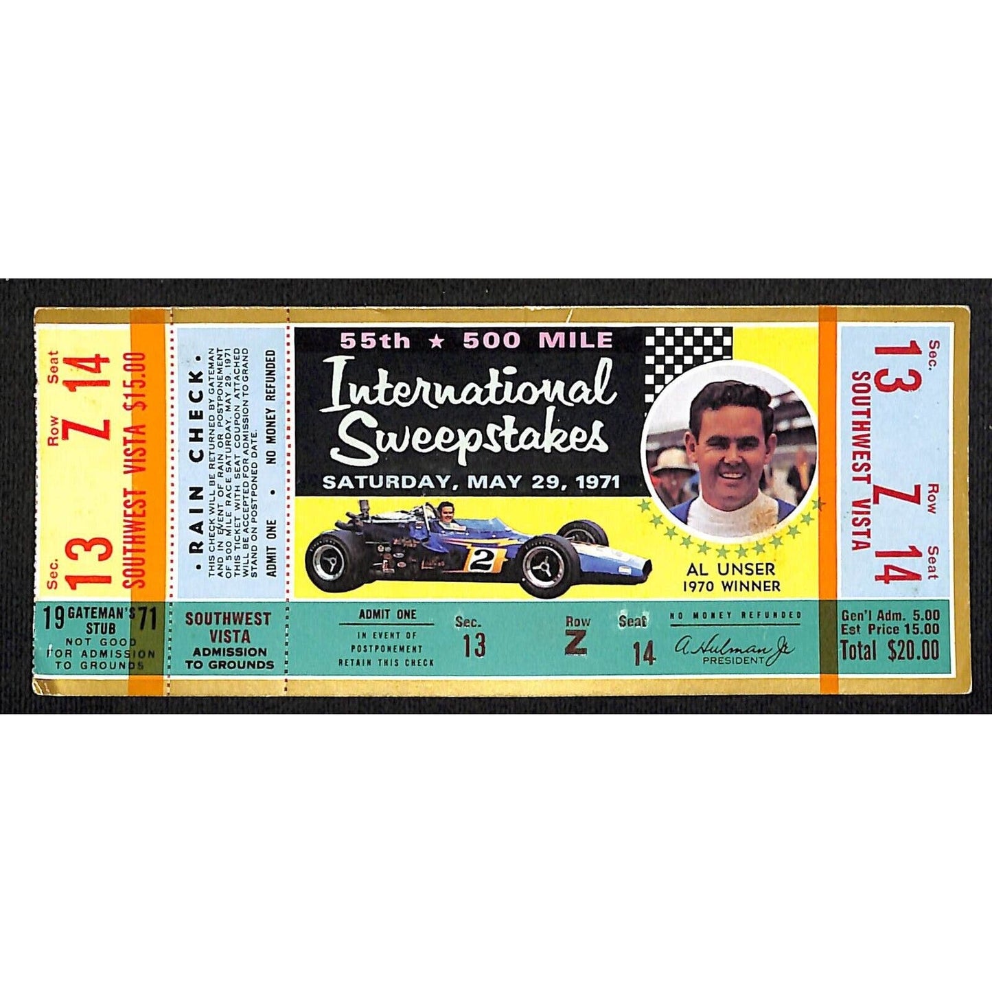 1971 Indianapolis 500 Ticket Stub w/ 1970 Winner Al Unser - 13 Z Seat 14