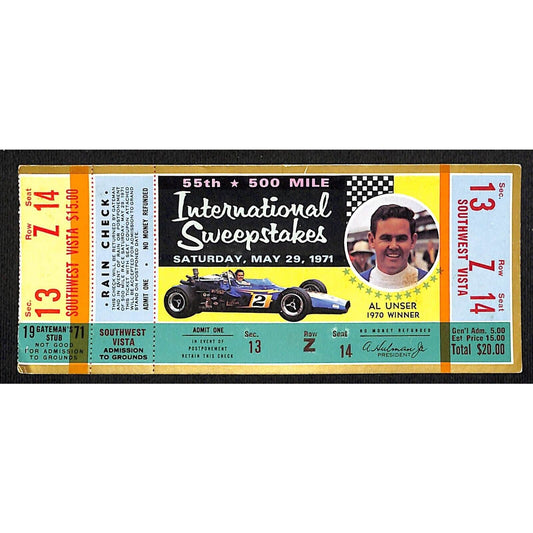 1971 Indianapolis 500 Ticket Stub w/ 1970 Winner Al Unser - 13 Z Seat 14