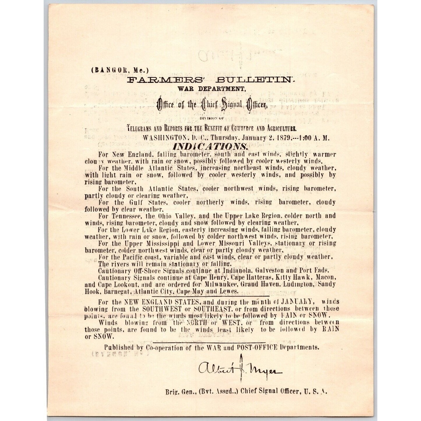 Bangor, ME Chief Signal Office, War Department Farmers' Bulletin Jan. 2, 1879