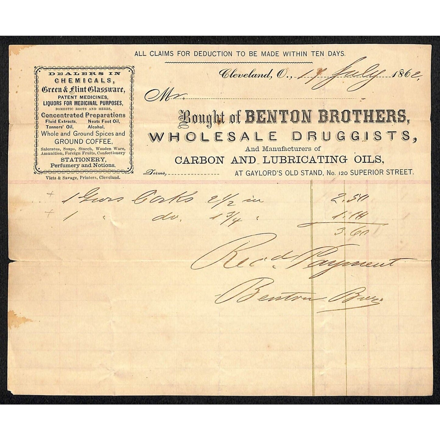 Benton Brothers Druggists Lubricating Oils Cleveland 1862 Billhead Scarce
