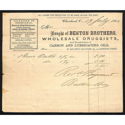 Benton Brothers Druggists Lubricating Oils Cleveland 1862 Billhead Scarce