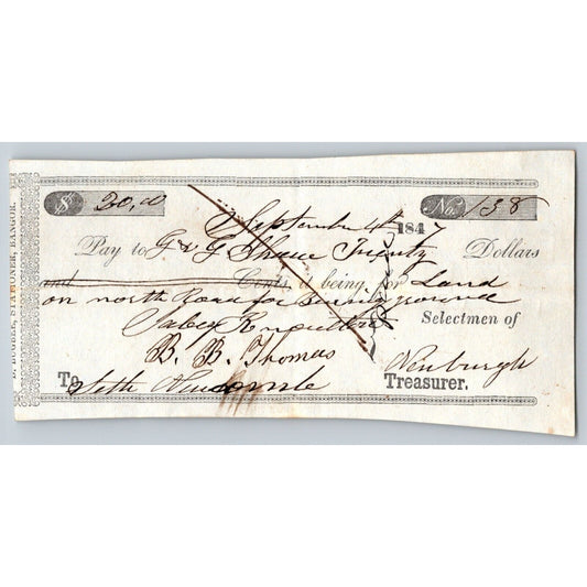 1847 Jabez Knowlton* Newburgh ME Town Check for "Land on North Road"