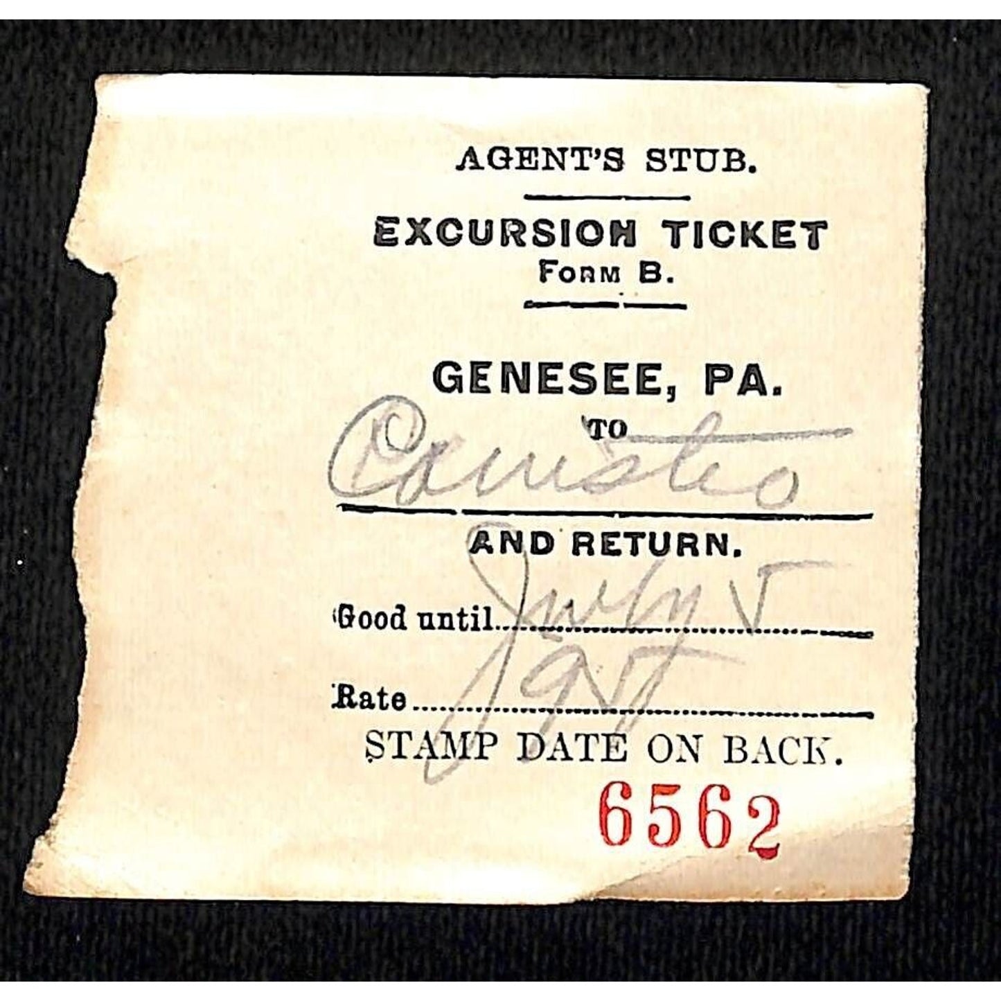 New York & Pennsylvania Ry 1917 Genesee, PA, Excursion Ticket Stub #6562