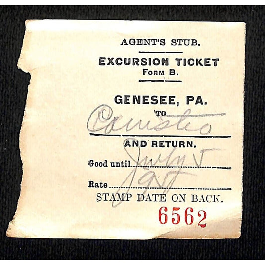 New York & Pennsylvania Ry 1917 Genesee, PA, Excursion Ticket Stub #6562